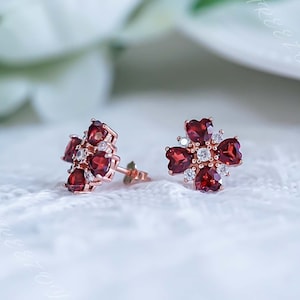 Heart Garnet Stud Earrings: Sterling Silver January Birthstone Gift