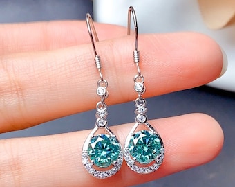 Green Moissanite Earrings, 1ct Round Cut Brilliant Moissanite, Sterling Silver Dangle Earrings, Engagement Wedding Jewelry, Anniversary Gift