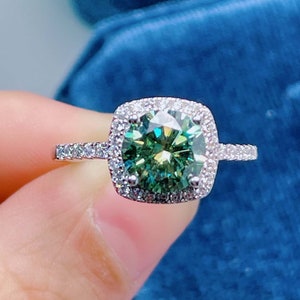 Green Moissanite Sterling Silver Ring: Round Cut Engagement, Anniversary