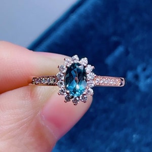 Natural London Blue Topaz Ring, Sterling Silver Topaz Ring, White Diamond HaloRing, Personalized Ring