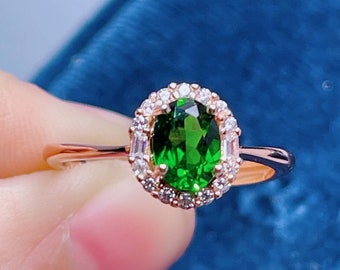 Chrome Diopside Ring | 18K Rose Gold Diopside Ring For Women Jewelry | Genuine Diopside Dainty CZ Diamond Halo Ring | Gift for Her
