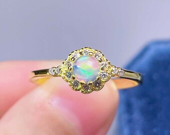 Dainty Opal Ring: 18K Gold Plated Sterling Silver, October Birthstone