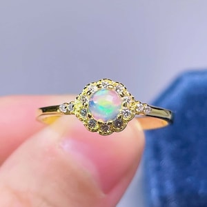Dainty Natural Opal Ring - October Birthstone Ring - Genuine Rainbow Opal - Gold Opal Ring - Opal Jewelry - Gift For Her