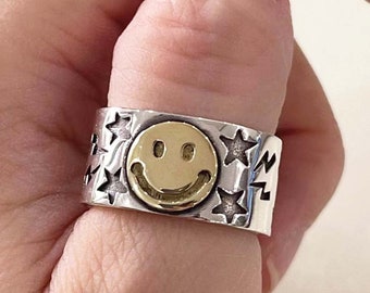 Stamped Sterling Silver Smile Face Ring: Adjustable Signet Band