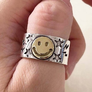 Gestempelt Sterling Silber Band, Siegelring, Smile Face Band offener Ring, glückliches Gesicht Ring, verstellbar, einzigartiger Ring, Geburtstag, Abschlussgeschenk