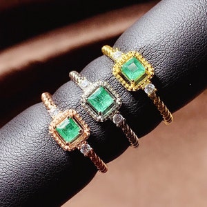 Natural Emerald Ring: Sterling Silver, CZ Diamond, May Birthstone