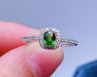 925 Sterling Silver Genuine Diopside Ring, Oval Diopside Halo Ring, Dainty Ring for Women, Anniversary Birthday Gift for Her, Daily Ring