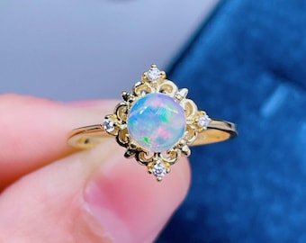 Dainty Natural Opal Ring, 6*6mm Opal Gemstone, Sterling Silver Ring for Women, Gemstone Ring, Ootober Birthstone, Gift for Her, Mom Ring