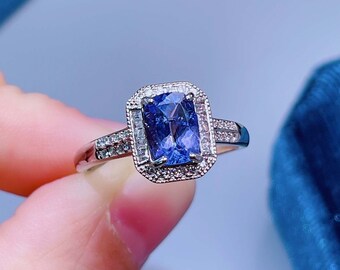 Blue Stone Ring Diamond Tanzanite Ring Gift For Her Vintage Tanzanite Ring Handmade Ring Carving Tanzanite ring Sterling Silver Ring