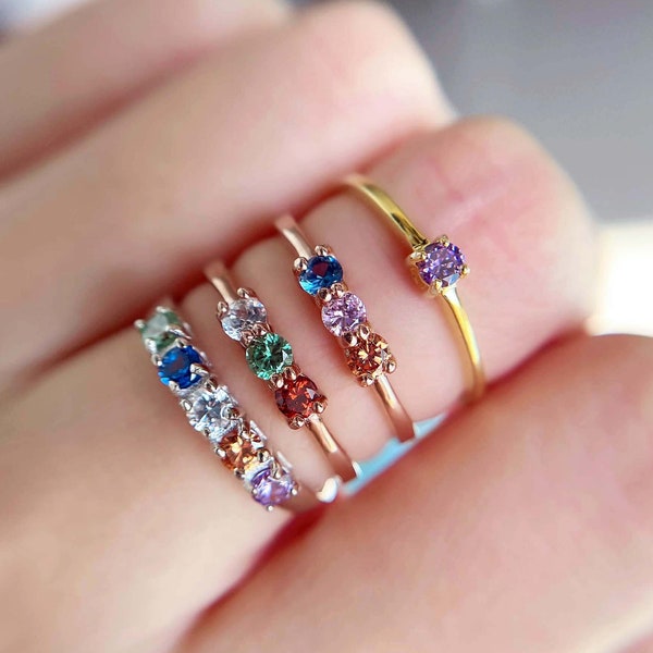 Family Birthstone Ring, Personalized Birthstone Ring, Mother's Day Gift, Simple Simulated Diamond Stacking Ring, Multi-stones Band Ring,