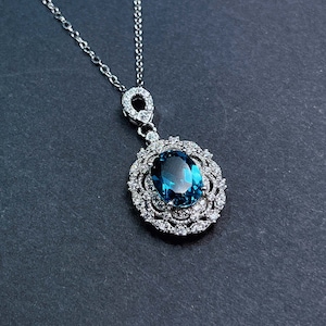 Genuine London Blue Topaz Necklace, Sterling Silver Necklace, December Birthstone, Diamond Halo Pendant Necklace for Women, Mothers Day Gift
