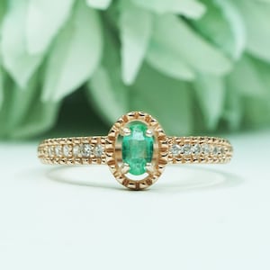 Natural Emerald Ring, 18K Rose Gold Emerald Ring, Oval 3*5mm Genuine Emerald Ring, May Birthstone, Promise Rings, Anniversary Gifts For Her