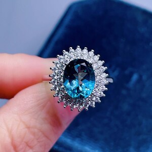 Genuine London Blue Topaz Ring | Double Halo Diaomd Ring | Solid Sterling Silver Ring | Promise Ring | Blue Topaz Jewelry | Rings For Women
