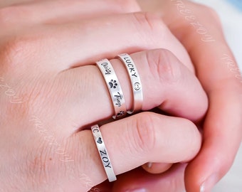 Anillo apilable personalizado de plata 999, anillo de iconos de nombre grabado personalizado para mujeres y hombres, anillo de boda de regalo de aniversario