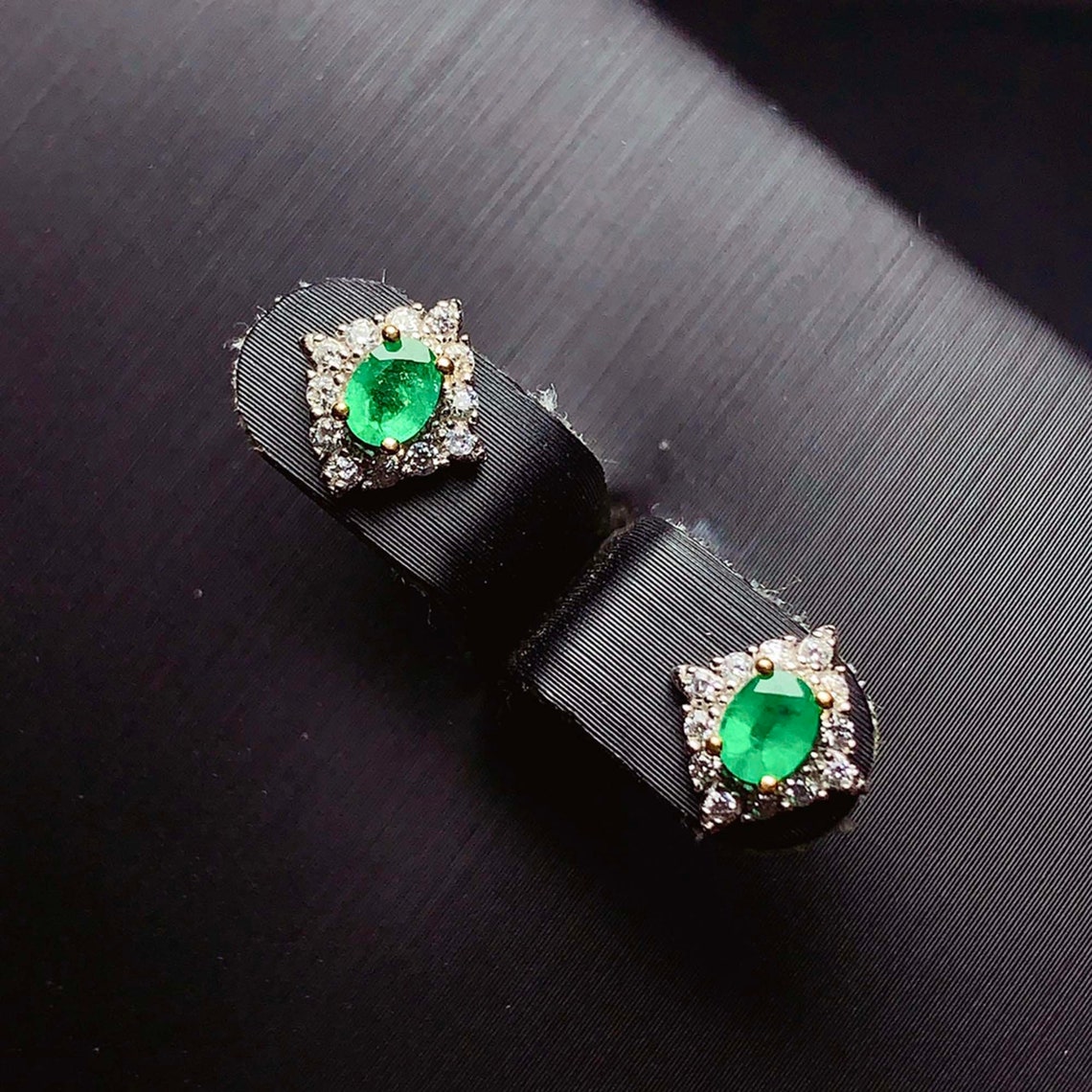 Genuine Emerald Earring Studs 34mm Oval Natural Emerald Etsy