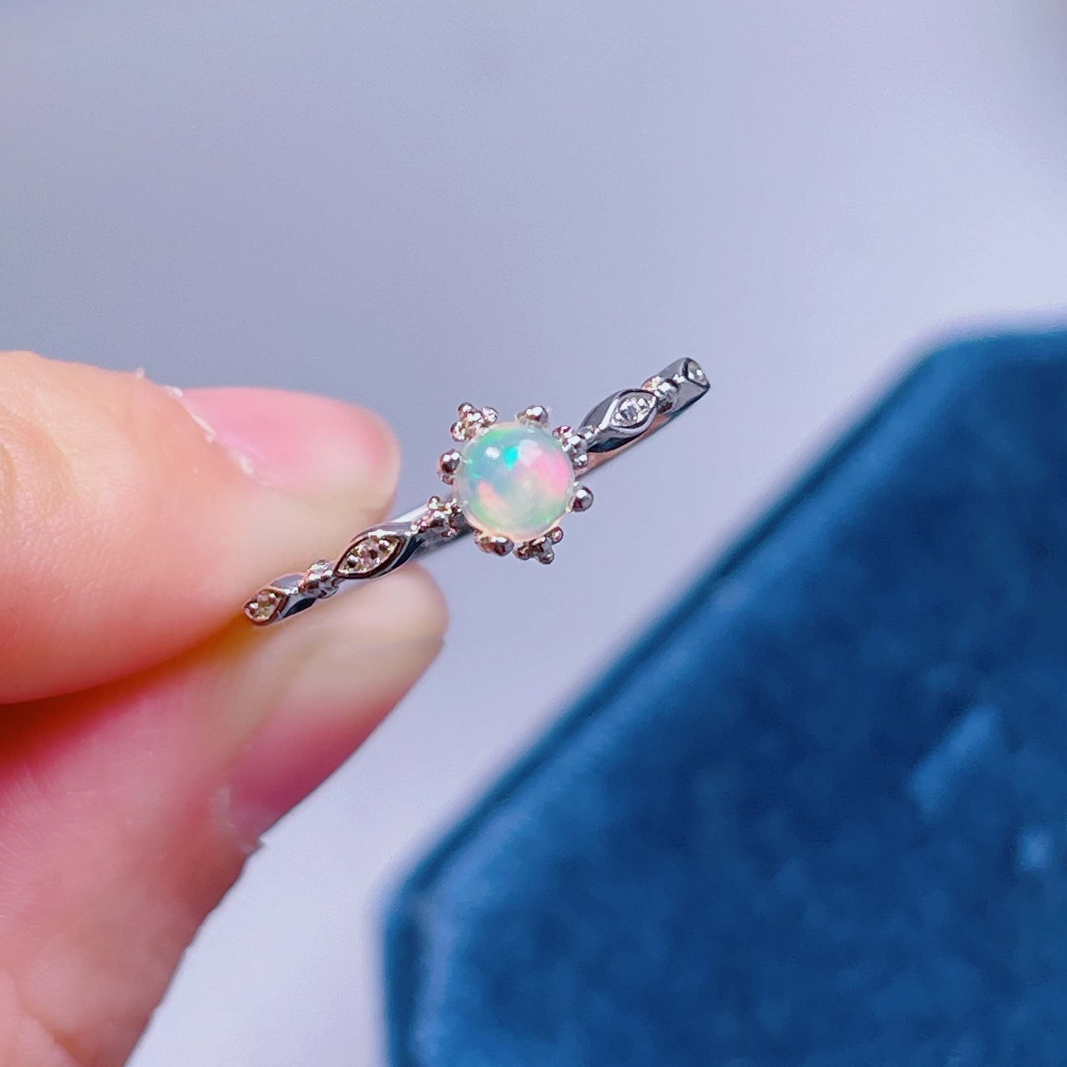 Natural Good Fire Opal Ring, 4mm Opal Stacking Ring, Sterling Silver Bridesmaid Gift, October Birthstone Jewelry, Silver for Women