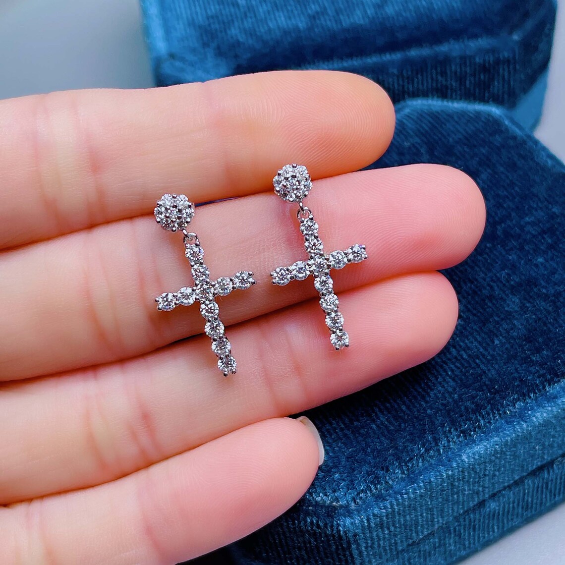 Cross Diamond Earring 9K/14K/18K Solid Gold Moissanite Etsy