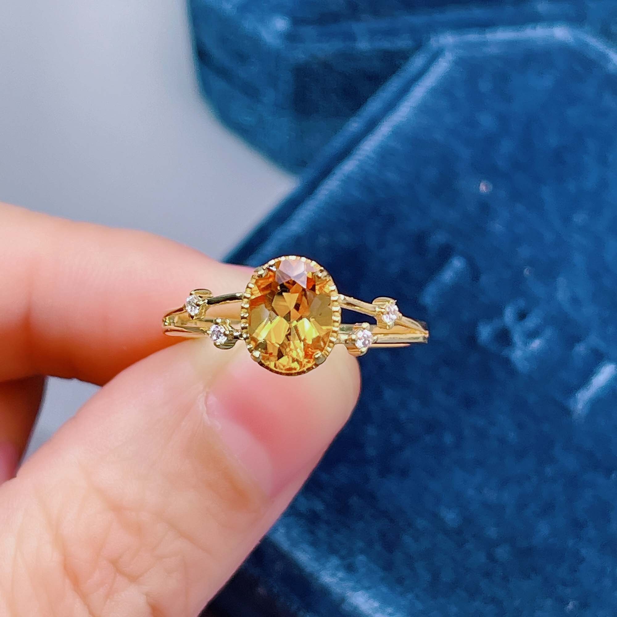 オーバルシトリンリング：18Kゴールドメッキスターリングシルバー、11