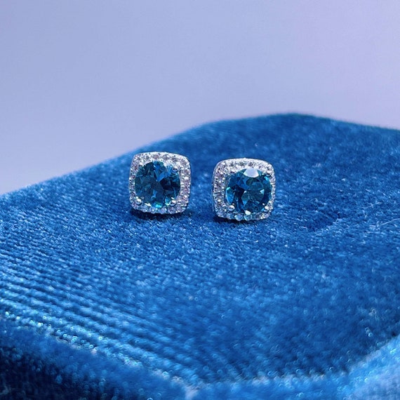 Boucles D'oreilles Clous En Argent Sterling 925 Avec Topaze London Blue - Neuf, Fait Main