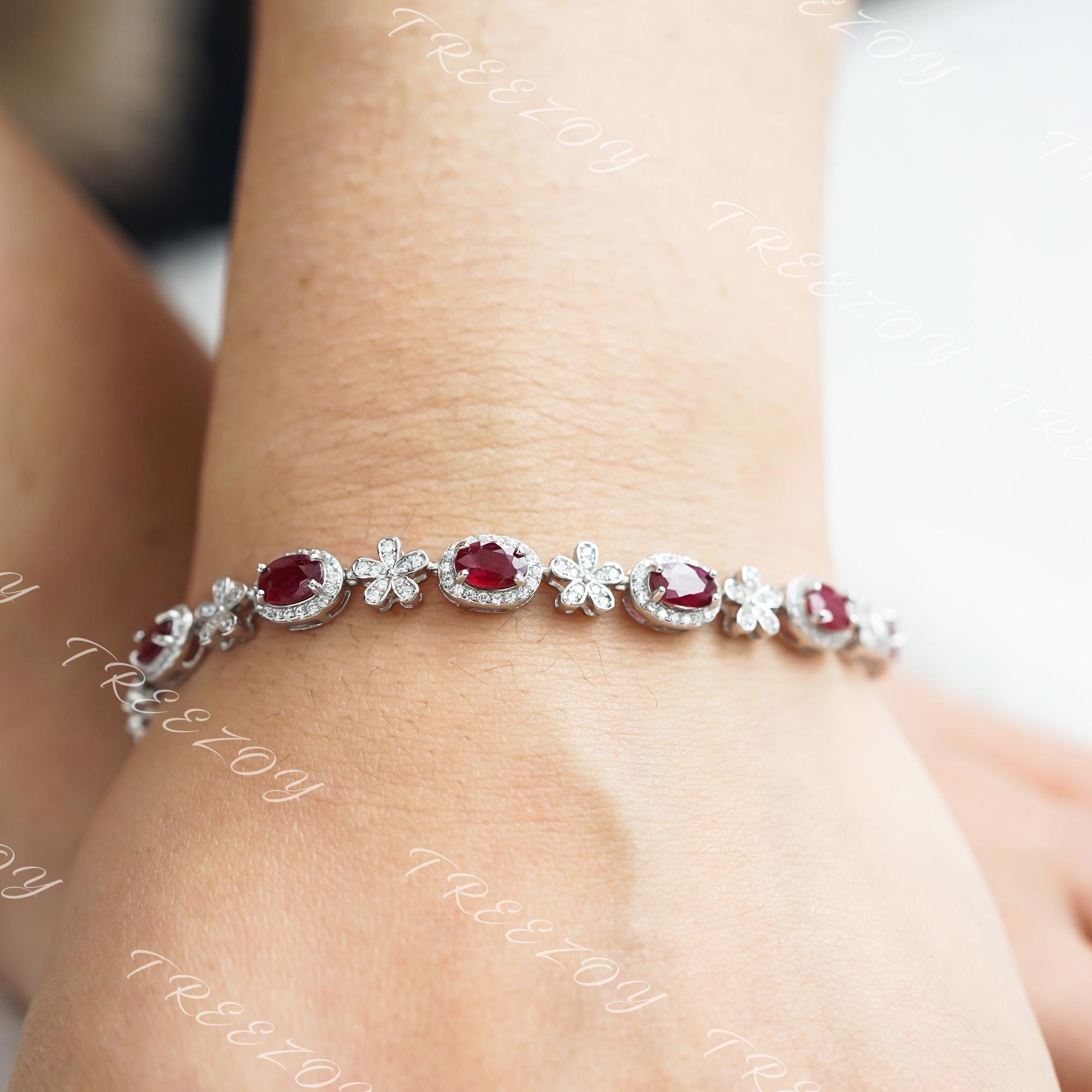 天然ルビースターリングシルバーブレスレット：レッドジェムストーン