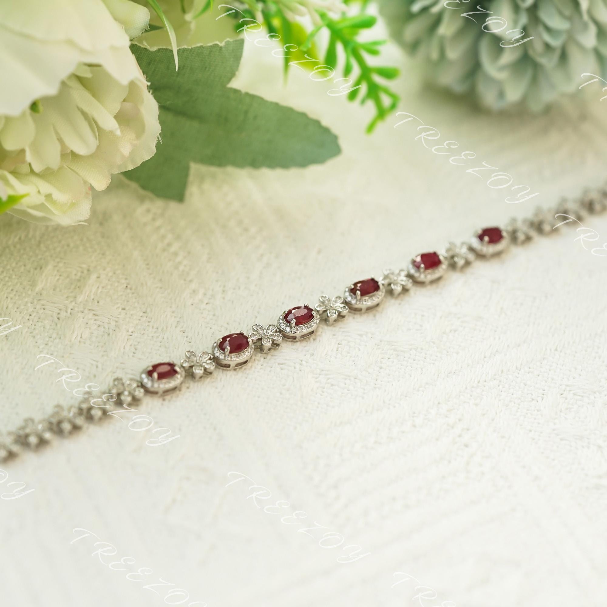 天然ルビースターリングシルバーブレスレット：レッドジェムストーン