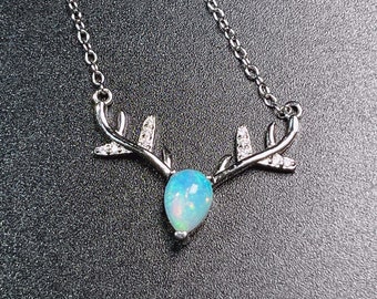 Deer Design Pendant Necklace, Pear Natural Opal Pendant, 5*7 mm Genuine Opal, Sterling Silver Necklace, Women Opal Jewelry, Dear Necklace