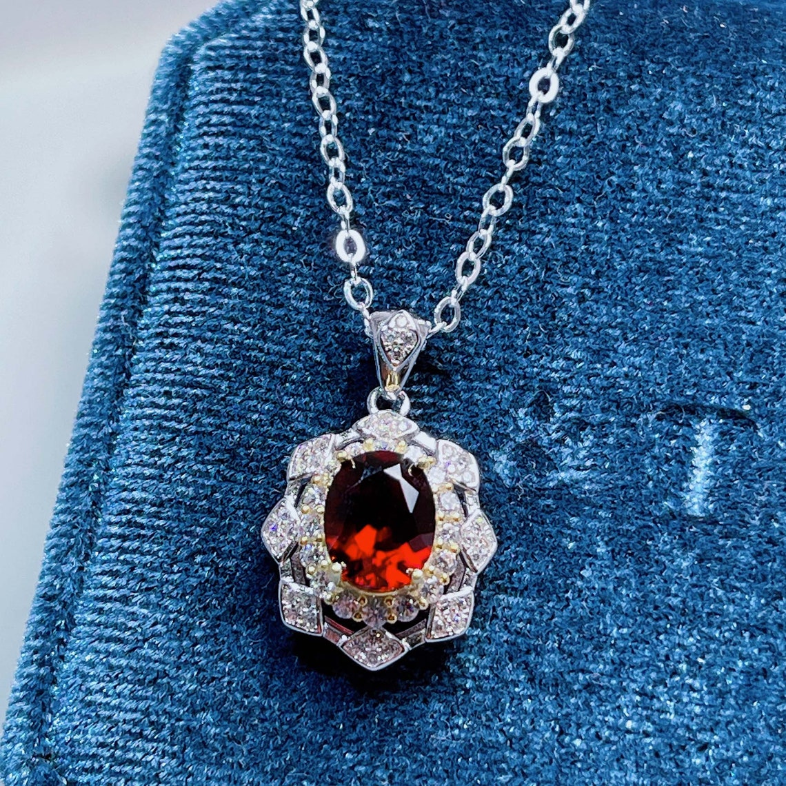 Garnet Pear Shape Beaded Necklace, Smooth Gemstone Necklace with 925 Sterling Silver Jewelry 18