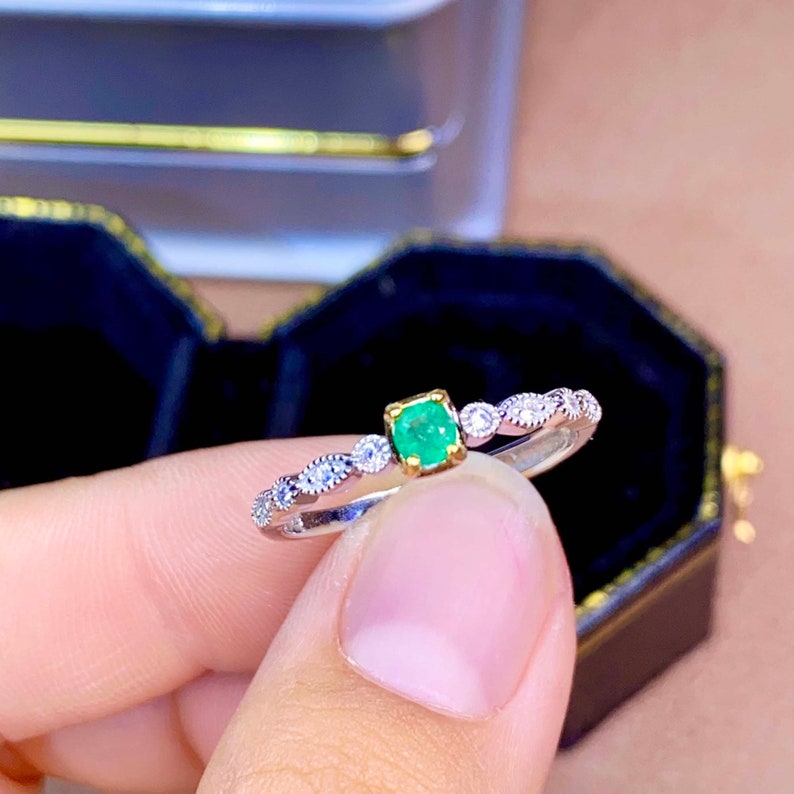 Green Gemstone Emerald Cut Ring Women Ring May Birthstone 925 Sterling Silver Band Ring Natural Colombia Emerald Ring Emerald Jewelry