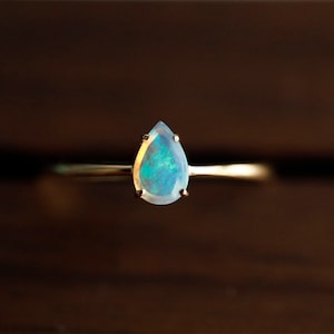 18K Solid Gold Opal Ring, 4*6mm Australian Rainbow Opal, Delicate Opal Ring, Wedding Jewelry, Simple Jewelry, Ring for Her, Stacking Ring