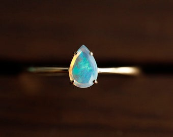 18K Solid Gold Opal Ring, 4*6mm Australian Rainbow Opal, Delicate Opal Ring, Wedding Jewelry, Simple Jewelry, Ring for Her, Stacking Ring