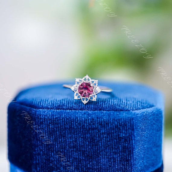 18K Rose Gold Garnet Ring, Natural Garnet Red Stone Halo Ring