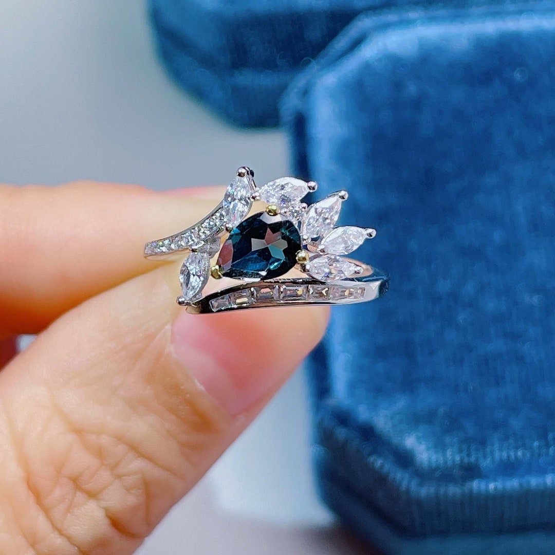 Bague Topaze Bleue De Londres En Argent 925 - Taille Ajustable - Style Griffe Victorien - Neuf (sans Boîte)