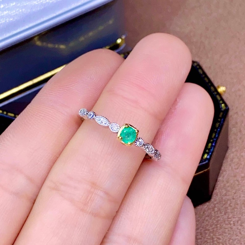 Green Gemstone Emerald Cut Ring Women Ring May Birthstone 925 Sterling Silver Band Ring Natural Colombia Emerald Ring Emerald Jewelry