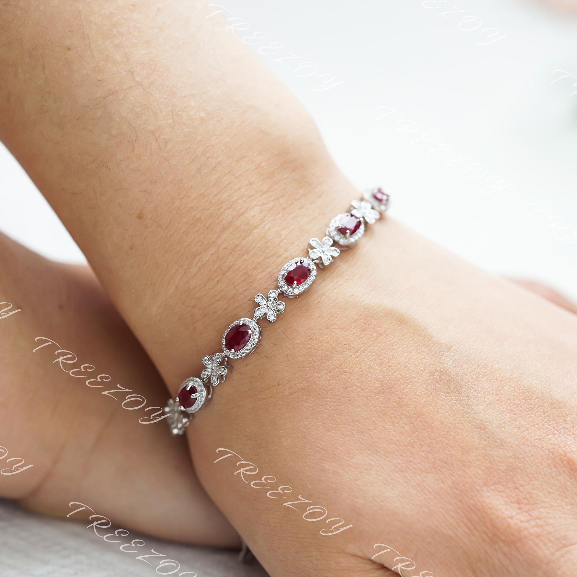 ルビー キュービック Silver925 ブレスレット 天然ルビースターリングシルバーブレスレット：レッドジェムストーン