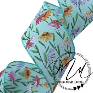 2.5&quot;  Wired Ribbon - Turquoise wired ribbon with pink and yellow flowers. Beautiful for spring projects, bows and home décor.