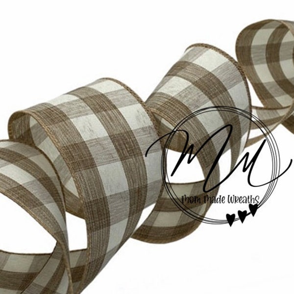 2.5" Wired Ribbon Light weight, Tan & Cream Plaid Ribbon, Natural,