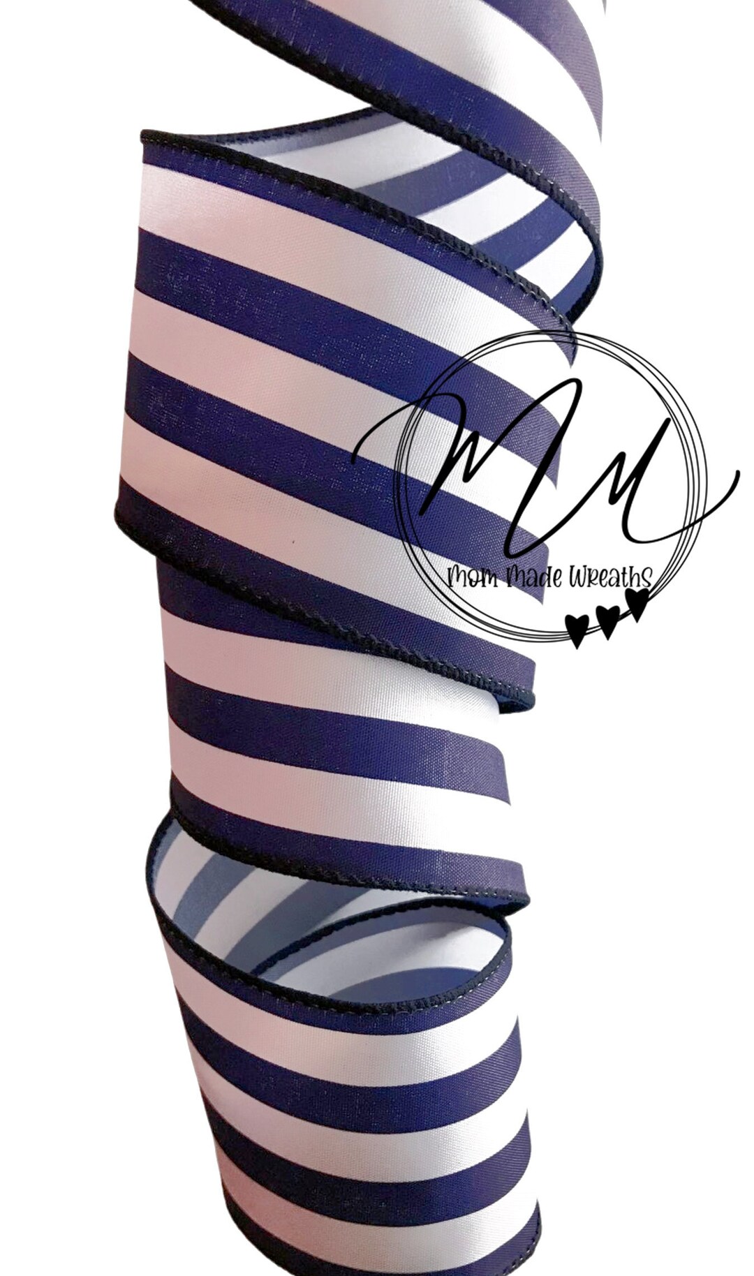 2.5 Wired Ribbon Navy Blue & White Striped Ribbon Vertical Stripenavy