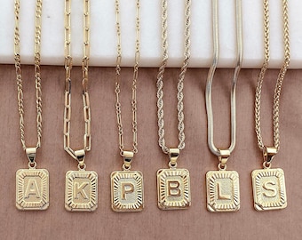 18K GOLD FILLED Initial Necklace, Square Initial Letter Necklace, Gold Rectangle Initial, Gold Medallion, Tarnish Free Waterproof Jewelry