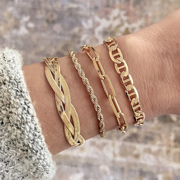 18k Gold Filled Stacking Bracelets, Twisted Herringbone Chain, Rope Chain, Paperclip Chain, Mariner Chain, Waterproof and Tarnish Resistant