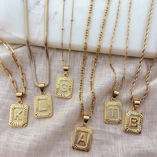 18K GOLD FILLED Initial Necklace, Square Initial Letter Necklace, Gold Rectangle Initial, Gold Medallion, Tarnish Free Waterproof Jewelry
