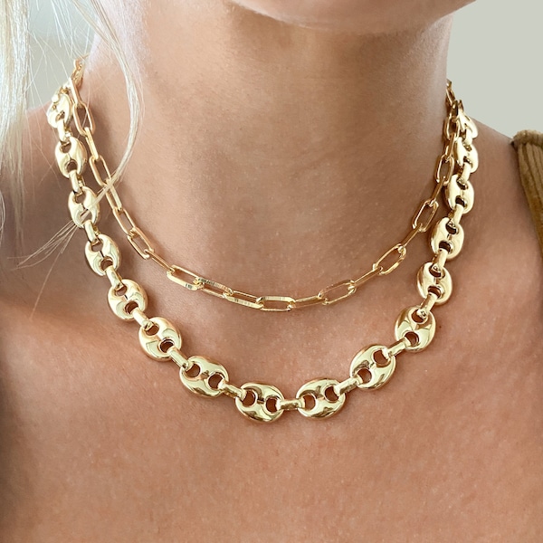 Collar extra grueso relleno de oro de 18k, collar marinero hinchado de oro, collar de eslabones de oro, cadenas de capas gruesas de oro, cadena de clip grande