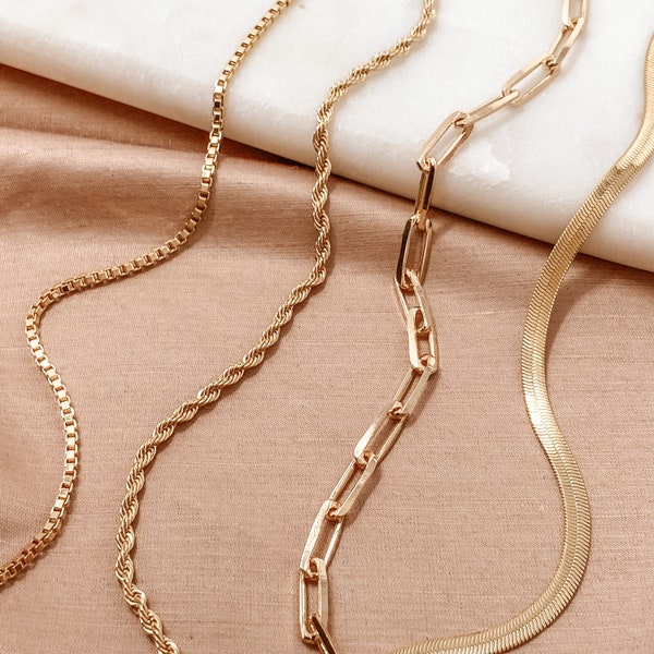 18K GOLD FILLED Layered Chains, Gold Stacking Necklaces, Gold Choker Necklace, Rope Chain, Paperclip Chain, Box Chain, Herringbone Chain