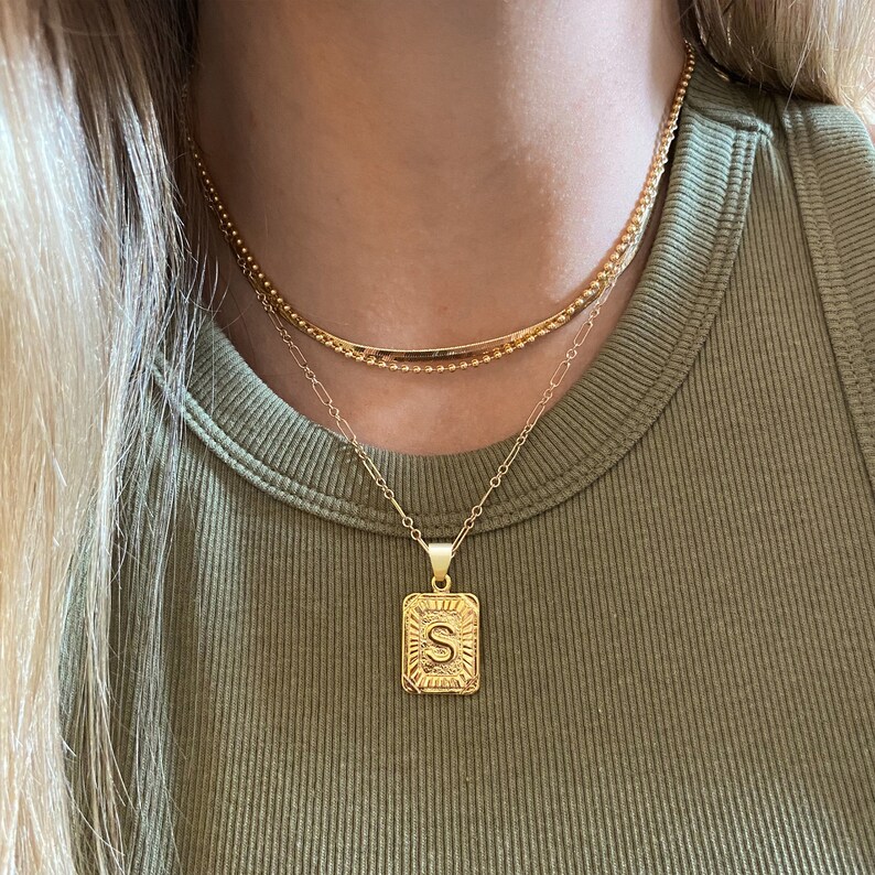 Gold Initial Necklace Rectangle Initial Necklace Square Etsy