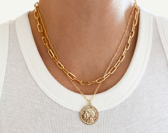 18k Gold Filled Link Necklace Set, Gold Coin Necklace, Link Paperclip Chain,  Link Chain Set, 18k Gold Filled Thick Chain Necklace