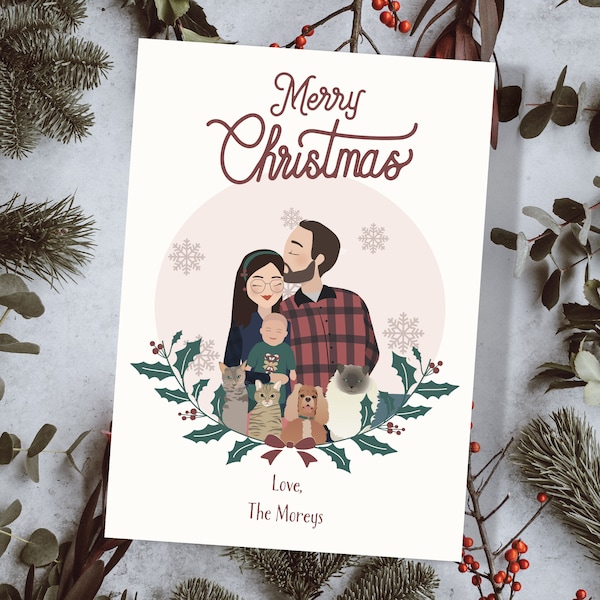 Custom Holiday Card 5+ Characters Christmas Drawing From Photo Family Card Digital Illustration Family Portrait Custom Christmas Gifts