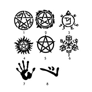 May include: Black and white symbols, including pentagrams, stars, and a handprint, are arranged in a grid with numbers 1 through 8 below each symbol.