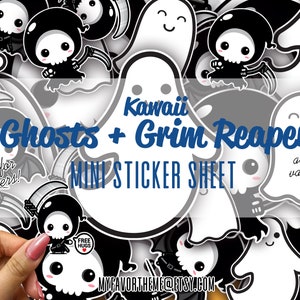 Cute Ghosts Grim Reaper Stickers, Cute Halloween Stickers, Kawaii Ghosts Stickers, Planner Stickers, Mini Sticker Sheet
