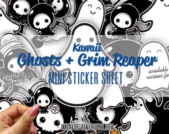Cute Ghosts Grim Reaper Stickers, Cute Halloween Stickers, Kawaii Ghosts Stickers, Planner Stickers, Mini Sticker Sheet