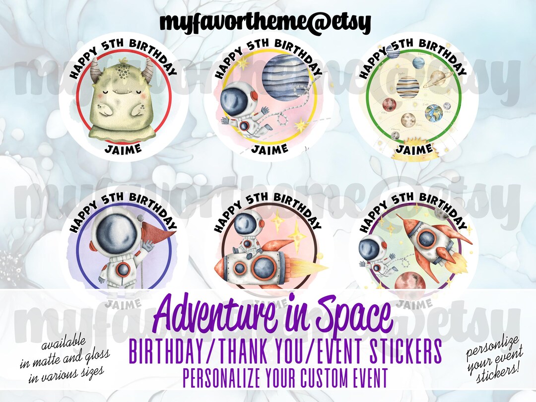 Personalize Event Stickers Space Adventure Theme, Custom Name Stickers ...