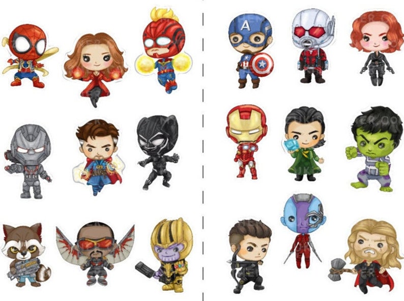 Op de afbeelding: Een set van 16 cartoonfiguur stickers met verschillende Marvel superhelden en schurken. De stickers zijn kleurrijk en bevatten personages zoals Iron Man, Captain America, Thor, Hulk, Black Widow, en meer.